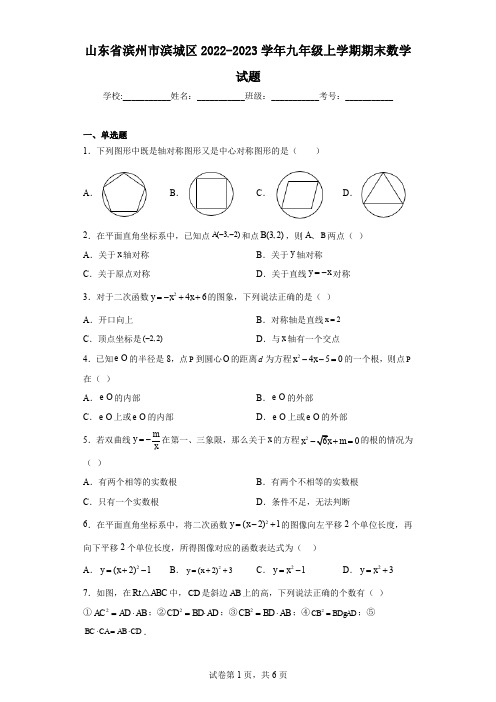 山东省滨州市滨城区2022-2023学年九年级上学期期末数学试题