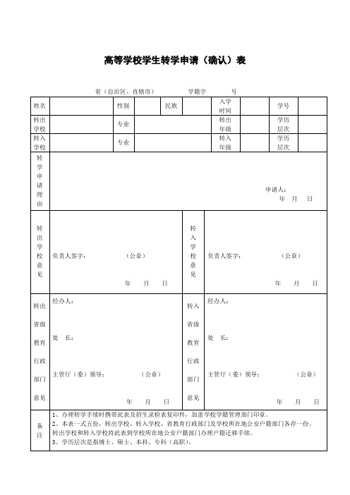 河北省高等学校学生转学申请(确认)表