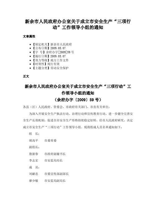 新余市人民政府办公室关于成立市安全生产“三项行动”工作领导小组的通知