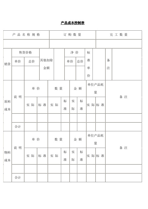 产品成本控制表