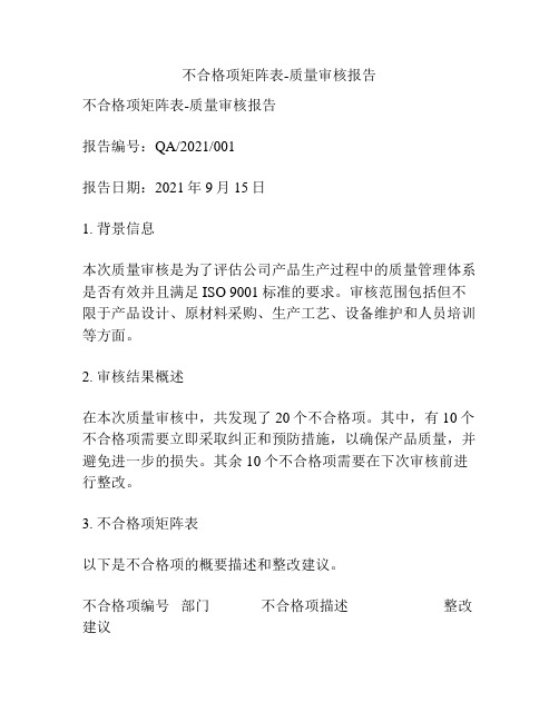 不合格项矩阵表-质量审核报告