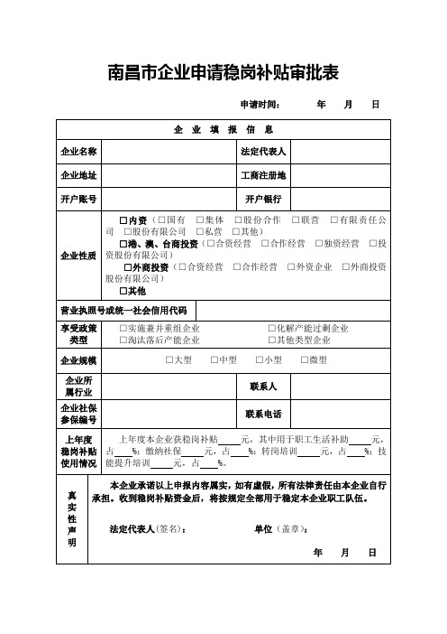 南昌企业申请稳岗补贴审批表