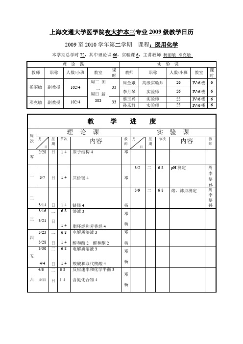 上海交通大学医学院夜大护本三专业2009级教学日历