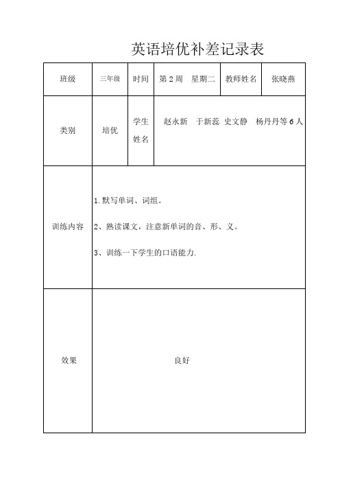 三年级下册英语培优辅差记录表