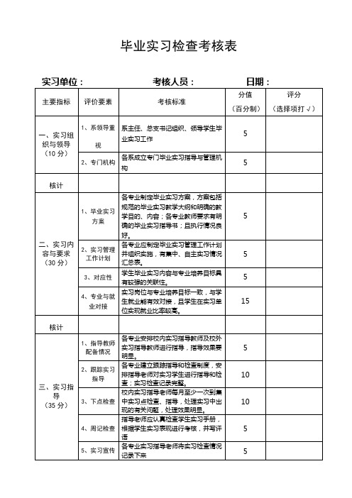 实习检查考核标准评分表