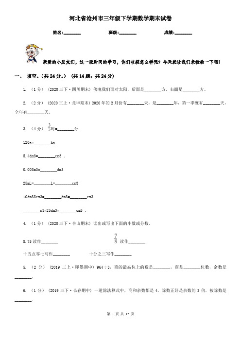 河北省沧州市三年级下学期数学期末试卷