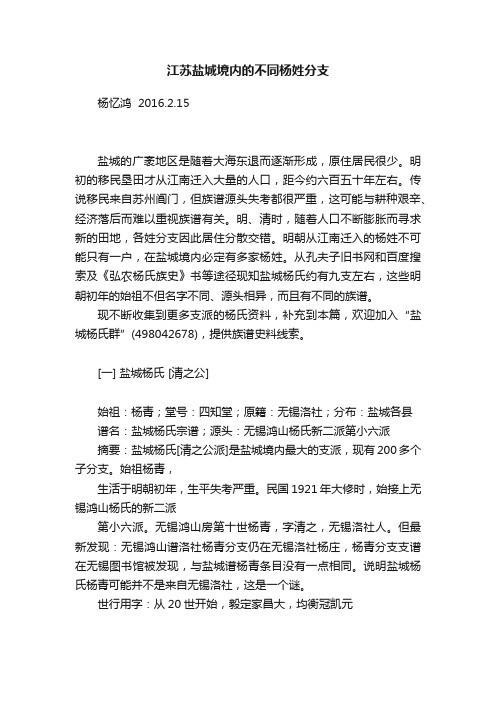 江苏盐城境内的不同杨姓分支