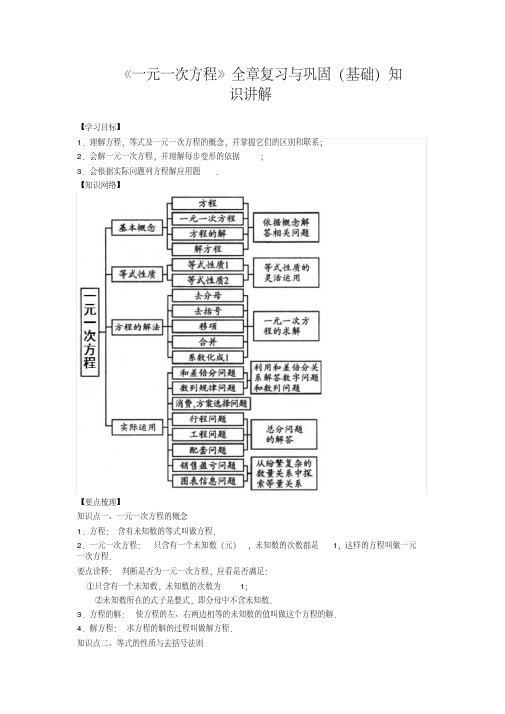 华东师大初中数学七年级下册《一元一次方程》全章复习与巩固(基础)知识讲解