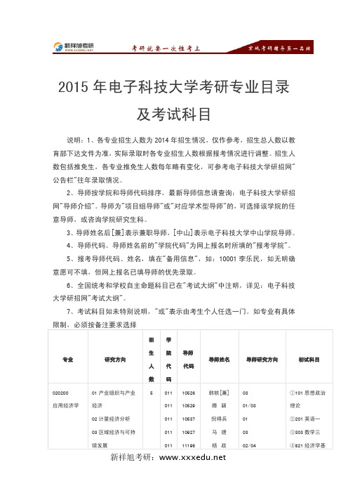 2015年电子科技大学考研专业目录及考试科目-新祥旭考研辅导