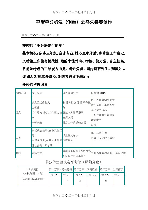 职业生涯规划----决策平衡单法