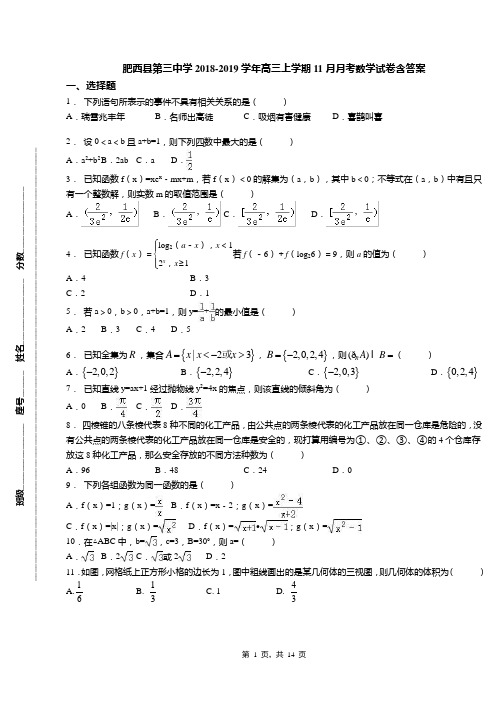 肥西县第三中学2018-2019学年高三上学期11月月考数学试卷含答案