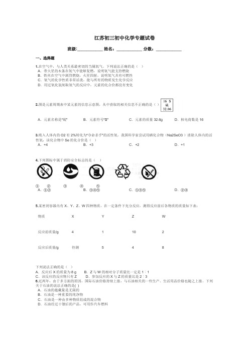 江苏初三初中化学专题试卷带答案解析
