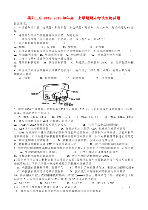 广东省揭阳市高一生物上学期期末考试试题新人教版