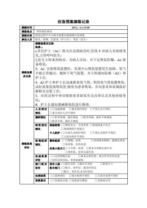 吸氧过程中中心吸引装置出现故障应急预案演练记录【范本模板】