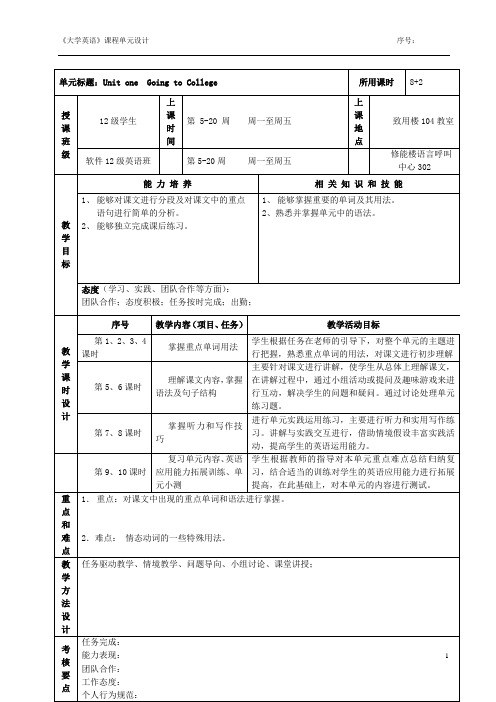 《大学英语》第1册单元设计1