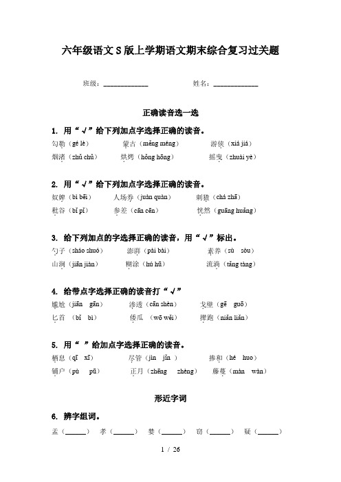 六年级语文S版上学期语文期末综合复习过关题