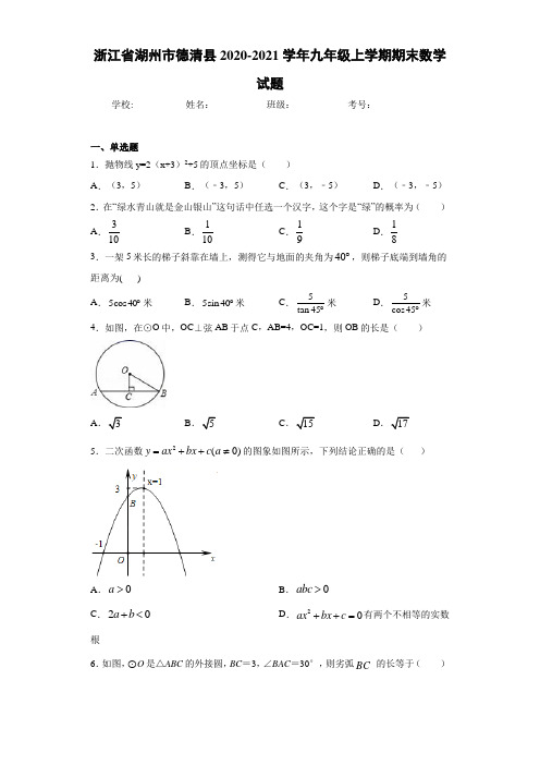 浙江省湖州市德清县2020-2021学年九年级上学期期末数学试题