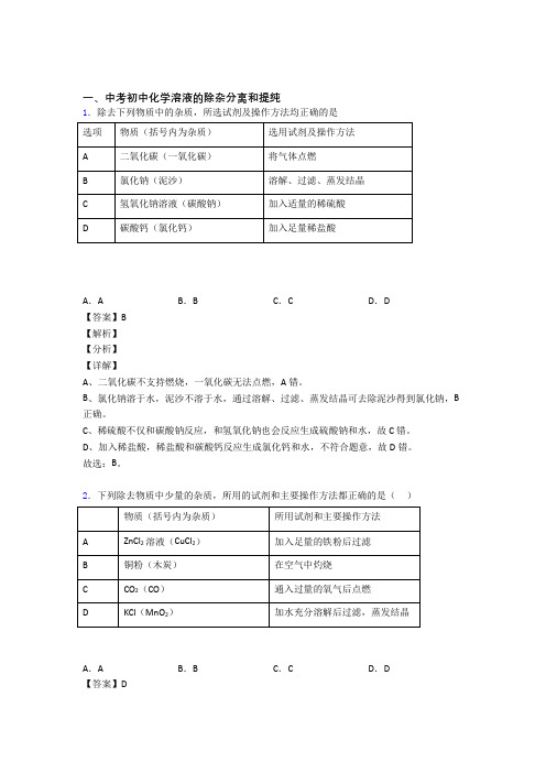 中考化学溶液的除杂分离和提纯综合练习题含答案解析