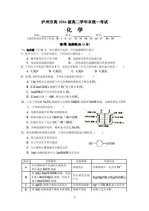 泸州市高2016级高二年末统一考试（化学）