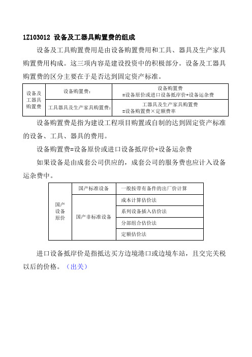 一建 经济 1Z103012  设备及工器具购置费的组成