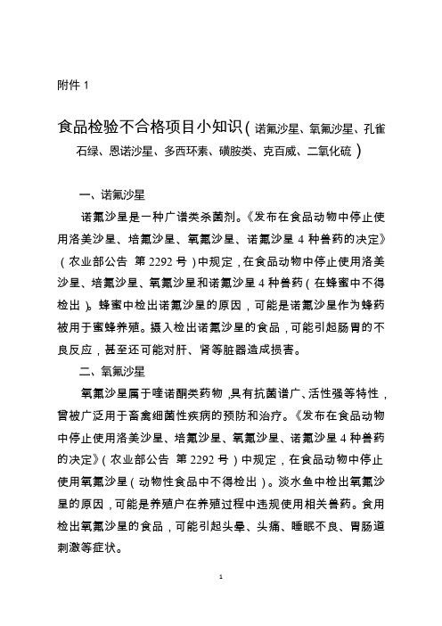 食品检验不合格项目小知识(诺氟沙星、氧氟沙星、孔雀石绿、恩诺沙星、多西环素、磺胺类、克百威、二氧化)