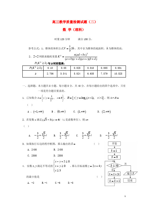 湖南省岳阳市高三数学教学质量检测试题(二)理湘教版