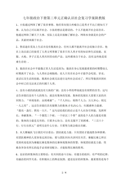 七年级政治下册第三单元正确认识社会复习学案陕教版