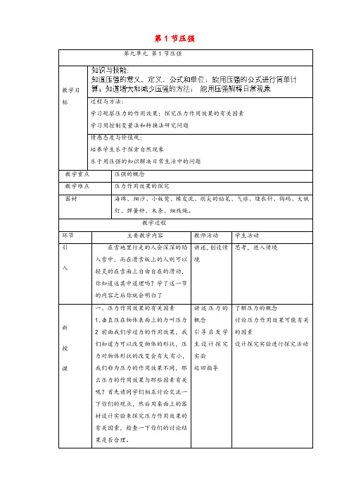 人教版八年级物理下册9.1压强优质教案