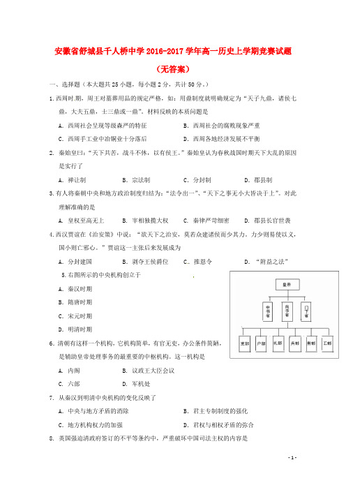 安徽省舒城县千人桥中学2016-2017学年高一历史上学期竞赛试题 精品