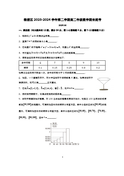 2023-2024学年上海杨浦区高二下学期数学期末区统考试卷及答案(2024.05)