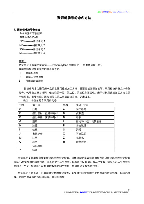 聚丙烯牌号的命名方法