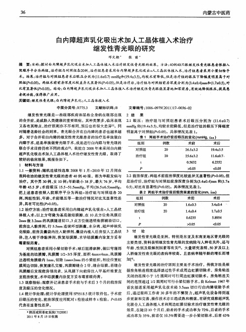 白内障超声乳化吸出术加人工晶体植入术治疗继发性青光眼的研究