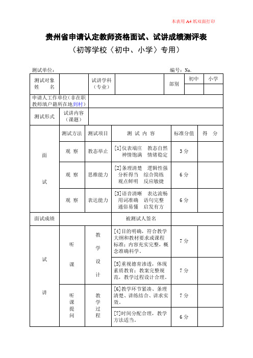 贵州省申请认定教师资格面试初中小学教师测评表