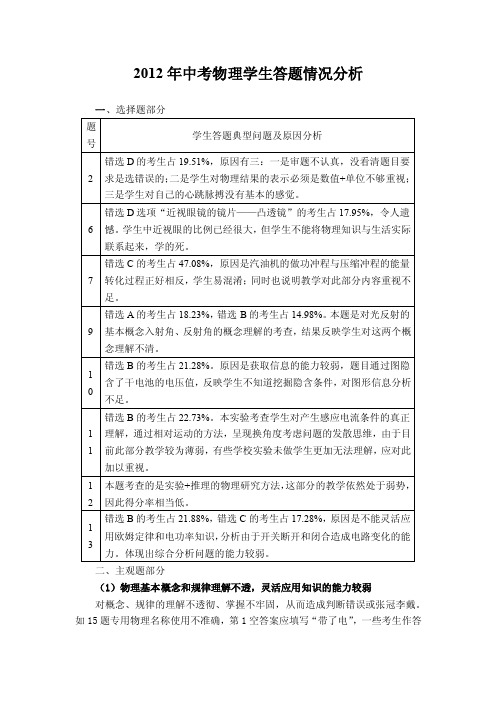 2012年中考物理学生答题情况分析