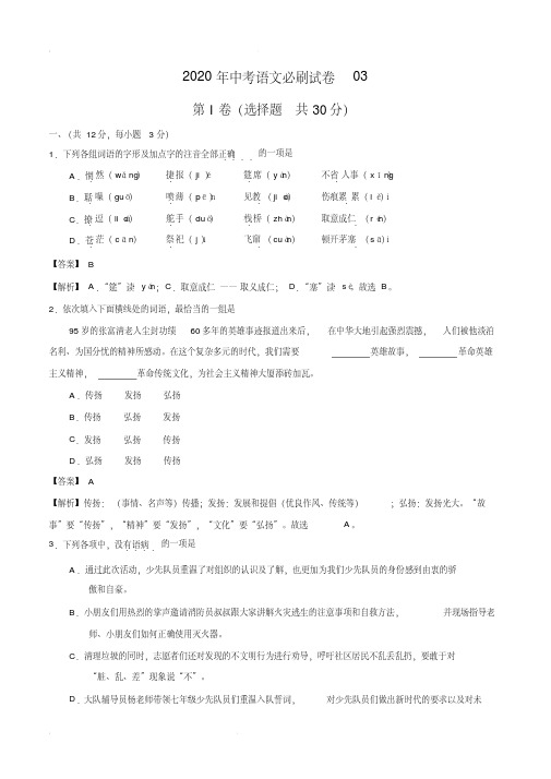 2020年中考语文必刷试卷(湖北武汉卷03)(解析版)