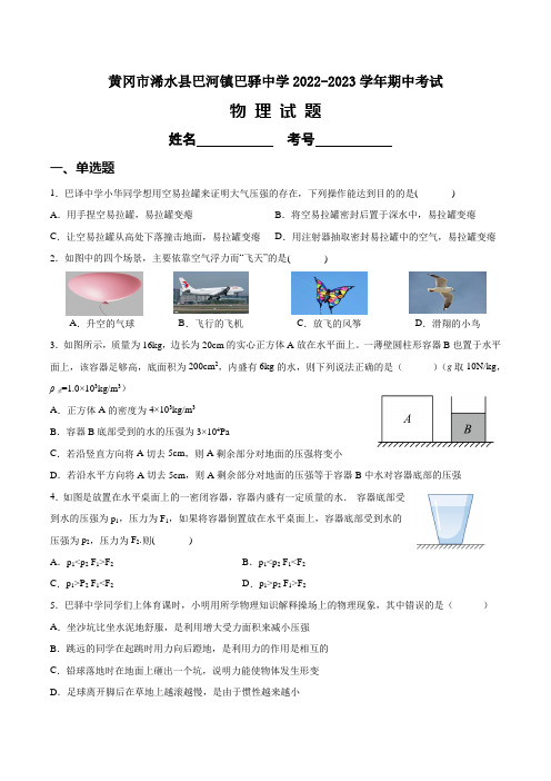 黄冈市浠水县巴河镇巴驿中学2022-2023学年期中考试物理试题