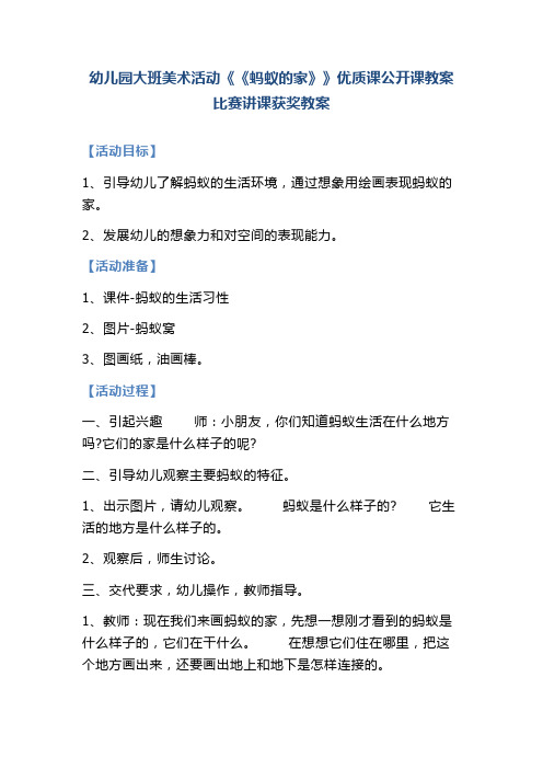 幼儿园大班美术活动《《蚂蚁的家》》优质课公开课教案比赛讲课获奖教案