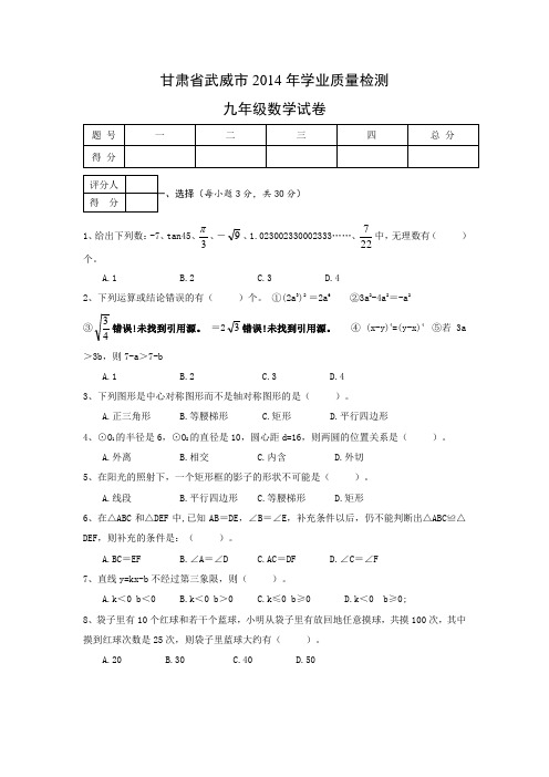 甘肃省武威市2014年九年级学业质量检测数学试卷及答案