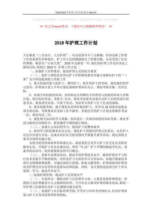 2019-2018年护理工作计划-范文word版 (2页)