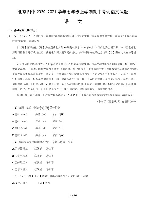 北京四中2020-2021学年七年级上学期期中考试语文试题(含答案解析)