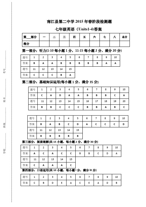 七年级英语下(units1-4)检测题答案