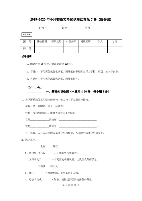 2019-2020年小升初语文考试试卷江苏版C卷 (附答案)