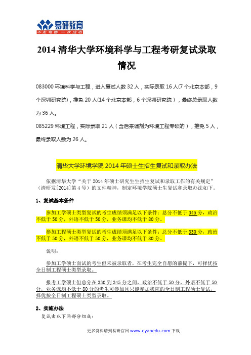 2014清华大学环境科学与工程考研复试录取情况