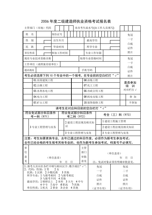 2006年度二级建造师执业资格考试报名表重点