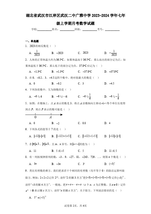 湖北省武汉市江岸区武汉二中广雅中学2023-2024学年七年级上学期月考数学试题