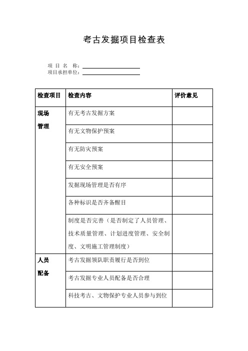 考古发掘项目检查表