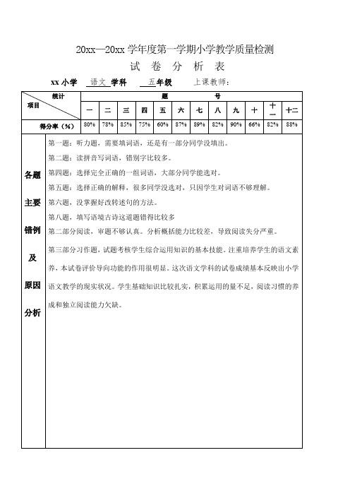 部编版语文五年级期中考试试卷分析