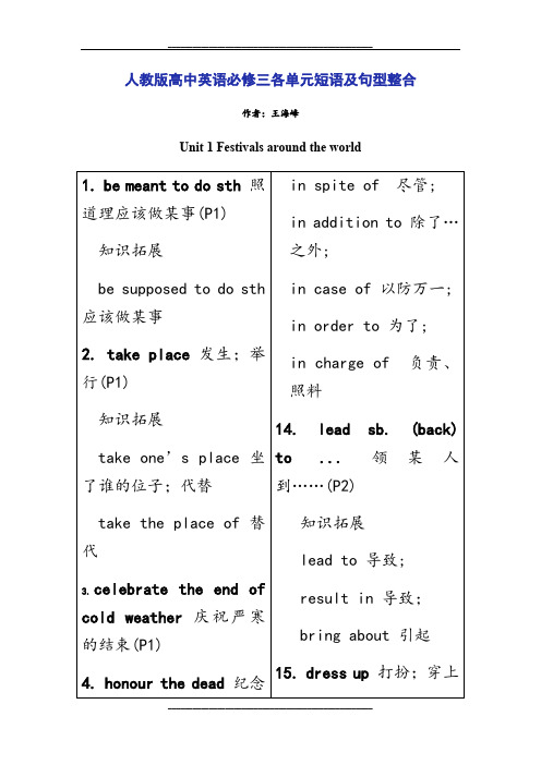 人教版高中英语必修三各单元短语及句型整合