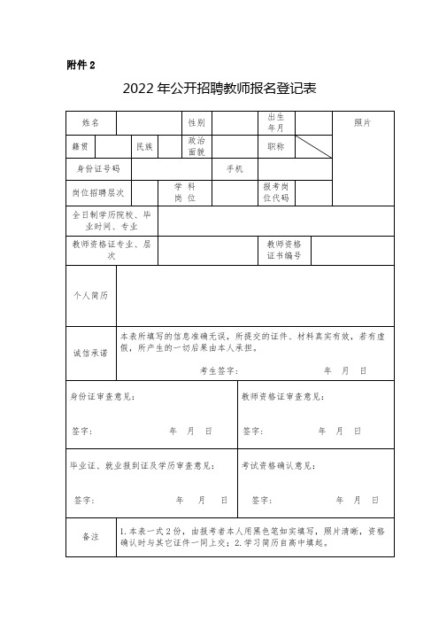 2022年公开招聘教师报名登记表