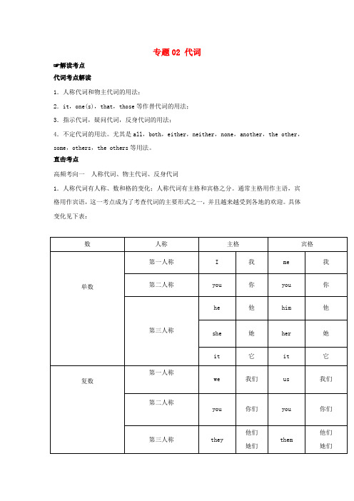 【2年中考1年模拟】2016年中考英语：专题(02)代词试题(含解析)